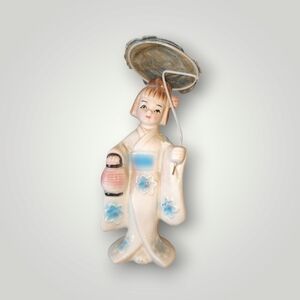 Vintage Asian Woman Figurine Porcelain Holding Yellow Parasol Made in Japan